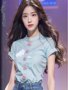 WANGGONGZHU | Princess Style Short Sleeve Slim Fit Shirt Womens Fashionable Stand Collar Top Elegant Beautiful Design Summer New Arrival