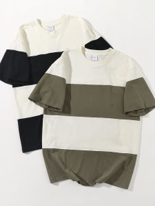 American Style Heavyweight Pique Cotton Short Sleeve T-Shirt Mens Summer Casual Pure Cotton Washed 280g Striped Half Sleeve Top Trendy