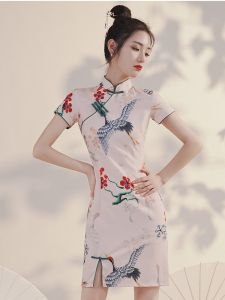 เรียบหรู Qipao แขนสั้น เดรส สไตล์จีน ฤดูร้อน เด็กผู้หญิง ปุ่มห่อรายวันรอบแยก กระโปรง นุ่ม Gentle Wind Retro Print