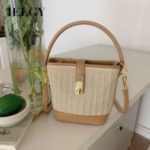 IELGY Casual Woven Straw Bag Vacation Style Fashion Portable Cross-body Bucket Bag