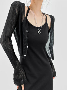 Black Textured Ice Silk Sun Protection Knitted Cardigan Womens Thin Summer Strap Dress Outer Cover Spring Autumn Knitwear