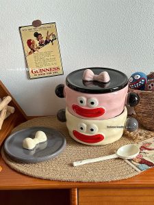 Cartoon Funny Large Mouth Ceramic Bowl with Lid Spoon and Chopsticks