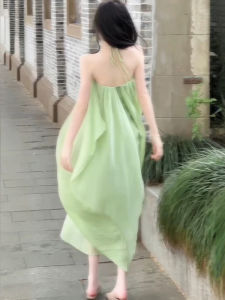 GATTIBOR | Summer Vacation Green Neck Hanging Strap Backless Womens Dress Beach Long Skirt Casual Wedding Party Leisure Travel Daily
