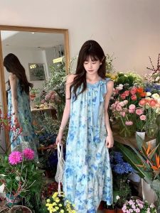 Beach Vacation Style Blue Butterfly Girls Halter Neck Tie Dress Womens Summer Small Size Fairy Long Skirt Loose Waist A-Line Skirt Sleeveless