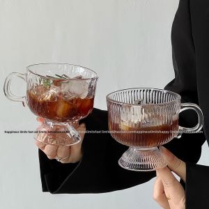 Design Sensation Glass Cup with Handle Female High Aesthetic Value Mug Coffee Milk Cup High Footed Cup Breakfast Cup
