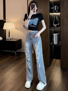 ฤดูร้อน แฟชั่น ผ้าฝ้าย เดนิม กางเกงขาสั้น สูง เอว ชุดสองชิ้นฉีก ผู้หญิง สตรีทสไตล์ อินเทรนด์ ชุด ลำลอง ชุดกีฬา