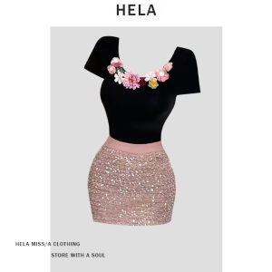 Hela Womens Sweet and Spicy Design Stereoscopic Flower Short Sleeve Summer 2024 Sequin Embellished Bodycon Dress Set