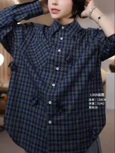 2025 Spring Handmade Floral Embroidery Shirt Womens Fashionable Retro British Style Plaid Collared Blouse Versatile Casual