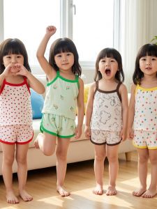 Sweet Floral Childrens Two-Piece Suit Korean Style Girls Vest Shorts Sleepwear Baby Summer Clothes Cotton Totem Cute Style