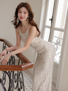 Shining Sequin Slim Fit Evening Dress Neck Hanging Shoulder Bared Gown for Birthday And Banquet Fashionable Long Evening Gown