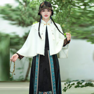 New Chinese Style Wrap Shoulder Coat with Flag Dress Autumn Winter Warm Cloud Shoulder Fleece Inner Knitted Woolen Coat