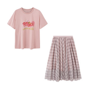 Plus Size Cherry Print Short Sleeve Plaid Skirt Set for Summer Slim Fit