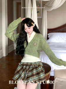 Blovelan Firefly Forest Mixed Color Sweater Polo Neck Inner Wear Genuine Two-Piece Set with Plaid Mini Skirt for Women