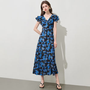 Mo | ชุดเดรสผ้าไหมลายดอกไม้สไตล์ฝรั่งเศสฤดูร้อนปี 2025 เอวสูง แขนพอง คอวี กระโปรงทรงเอ ชุดเดรสผู้หญิง