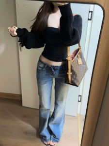 Low Waist Slim Fit High Rise American Gradient Washed Bell Bottom Denim Jeans Womens Spring Autumn Fashion Leggings