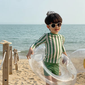 Kids Summer Long-Sleeve Sunscreen Swimwear Boy Baby Separates Quick-Drying Swimwear Children Handsome Stripes Swimsuit