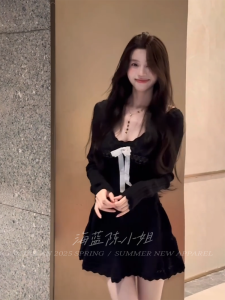 Elegant Black Knitted Long Sleeve Dress with Bowtie Waist Cinching Slimming Princess Style for Ladies Spring Autumn New Arrival