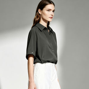 AMII | Summer New Simple Style Turn-Down Collar Insert Sleeve Shell Button Short Sleeve Shirt Loose