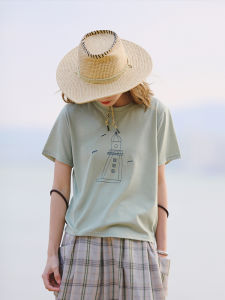Hua Ji B953 Grey Green Lighthouse Print Embroidery Short Sleeve Cotton T-Shirt Womens Loose Fit Summer Top Sweet Style College Fashion