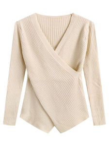 Spring Autumn Korean Style Slim Fit V-Neck Long Sleeve Knitted Top Base Shirt Inner Wear Outer Wear Fashionable Elegant