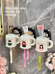 Bathroom Wall-Mounted Suction Cup Toothbrush Holder Set Dental Care Organizer No Drilling Required Toothbrush Stand Cup Holder