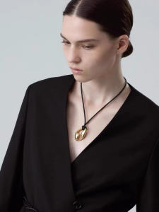 Fashionable Large Gold T-Shaped Hollow Pendant Black Leather Rope Necklace Long Versatile Sweater Chain for Women