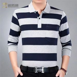 100 Cotton Real Pocket Young and Middle-aged T-shirt Mens Striped Lapel Long-sleeved Polo Shirt Dad Outfit