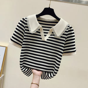 Áo Sơ Mi Sọc Cổ Chữ V Tay Ngắn Áo Thun Nữ Thời Trang Mùa Hè Thiết Kế Chống Lão Hóa