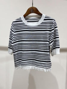 Shalldoer | Knot Trim Round Neck Short Sleeve Knitwear Womens Loose Fit Summer New Style Striped Top Fashionable Versatile Short Length