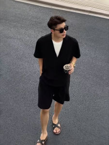 Mens Summer Thin Casual Linen Shirt Shorts Set Fashionable Fake Two-Piece Look Teenager Appropriate Short Sleeve Long Pants