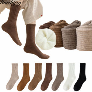 Ruizhijzg Ready Stock Thicking Cotton Socks For Women Solid Color Stripes Above the Ankle Socks Ladies Girls School Casual Sports Business Mid Length Winter Warm Breathable Soft Socks