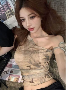 American Style Spicy Girl Retro Strap Vest Women Summer 2025 New Waist Cinched Slim Fit Irregular Shoulder Small Top