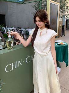 Áo Sơ Mi Nữ Cổ Đứng Tay Ngắn Màu Trắng Nâu Phong Cách Mới Trung Hoa Cổ Điển Chất Liệu Vải Sợi Cao Cấp Cảm Giác Mát Mẻ