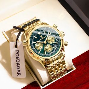 POEDAGAR Trendy Man Watch Chronograph Date Waterproof Luminous Mens Watches Stainless Steel Quartz Sports Luxury Man Wristwatch