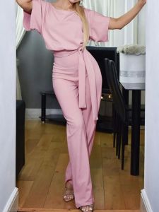 Roundneck Short Sleeved Waistband Jumpsuit round Neck Short Sleeve Waist-Controlled Jumpsuit