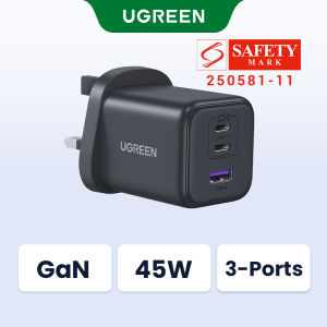 UGREEN 45W GaN Fast Wall Charger 2 USB C 1 USB A Port Charger with QC Portable for iPad Pro iPhone 17 16 15 Pro Max iPhone 16 15 Plus Samsung S25 Ultra S24 Switch 2