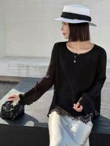 Loose Fit Long Sleeve round Neck Lace Splicing Silk Chiffon Shirt Womens Summer Fashionable Casual Style UV Protection Top