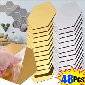 48pcs Large 3D Hexagon Mirror Wall Sticker / Modern Acrylic Self Adhesive Honeycomb Mirror Wallpaper Stickers / DIY Home Background Wall Sticker for Decoration