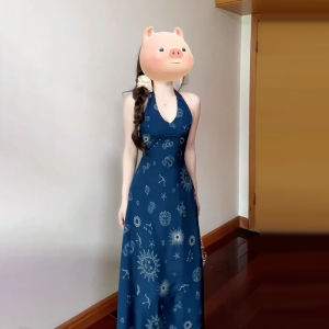 Beach Vacation Blue V-Neck Halter Dress Women Summer 2025 New Dopaamine Waist Cinched Long Dress Sweet Japanese Style High Waist A-Line Skirt