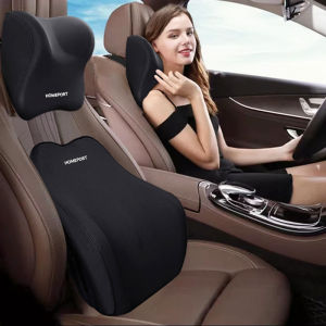 Car Seat Headrest Waist Support Set Premium Car Neck Pillow Lumbar Pillow 100% Pure Memory Foam with Breathable Removable Cover Comfortable Ergonomic & Neck and Waist Pain Relief