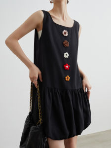Black Miu-style Decorative Crochet Camisole Dress