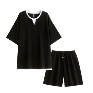 yuenei | Áo ngủ nam tay ngắn mùa hè bằng cotton nguyên chất màu đen thoải mái thoáng khí quần short mặc nhà phong cách tối giản giản dị sang trọng