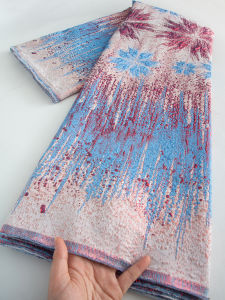 Vải Ren Gấm Jacquard Phối Màu Xanh Dương Hồng Kiểu Pháo Hoa Pháp 100% Polyester Cao Cấp Dùng Trang Trí Quần Áo & Thủ Công