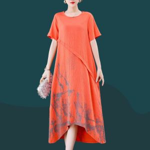 New Summer New Mothers Clothes Short Sleeve Cotton Linen Dress Plus Size Middle-Aged Womens Clothing Mid Length Long Length over the Knee Cotton Silk Skirt