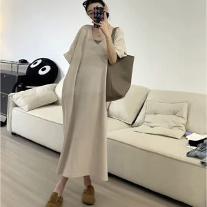 ชุดเดรสยาวคลุมเข่าทรงหลวมคอวีสไตล์สตรีทสำหรับผู้หญิงไซส์ใหญ่ในฤดูร้อนปี 2024 แขนสั้นคอตตอนแบบลำลอง