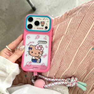 Sanrio | Cute Large Window Hello Kitty Phone Case With Colorful Bead Woven Wrist Lanyard Shockproof Cover For iPhone 16 15 14 17 Pro Max