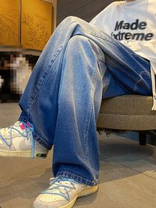 Retro American Washed Mens Jeans Loose Straight Casual Long Pants Cool Trendy Cotton Polyester Blend Summer Home Leisure