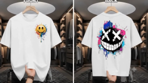 White T-shirt Active dri with colorful dripping smiley face design front and back. Casual fit for everyday wear.