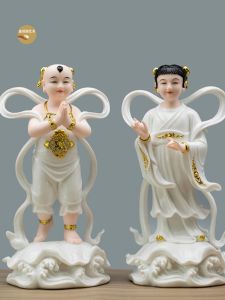 Gold Boy Jade Girl Buddha Statue Ceramic Simulation Home Worship Decoration Tabletop Decorations Lucky Child Wealth Bringer