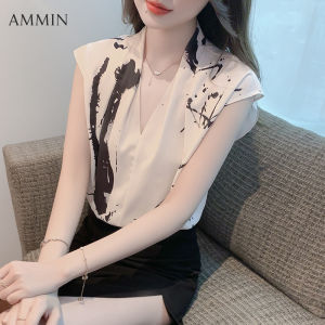 Ammin mùa hè mới Mực in Hào Quang V cổ ngắn áo có tay Trung Quốc nữ hoài cổ tay áo cánh bướm in áo voan